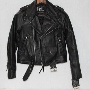 NWT FMC Black Leather Motorcycle Biker Jacket XS Women or Youth
